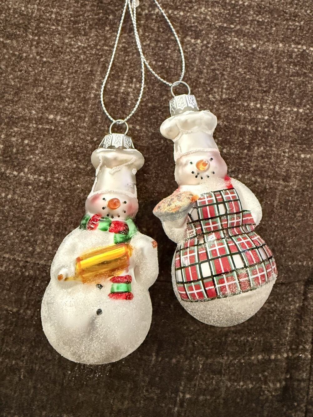Set of 2 Williams Sonoma Blown Glass Snowman Chef Christmas Ornaments